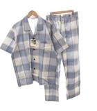 レノマ renoma タグ付き パジャマ 部屋着 シャツ パンツ イージー 麻 L 青 ブルー チェック柄 開襟 半袖 /FF