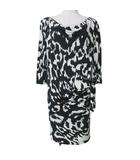 ダイアンフォンファステンバーグ DIANE von FURSTENBERG 美品 ドレープワンピース シルク 総柄 7分袖 ウエストリボン 6 日本サイズL相当 白 黒 ■GY19 X