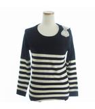 カオン Kaon ニットソー カットソー セーター 長袖 ボーダー リボン ビーズ ウール 黒 ブラック 白 ホワイト F