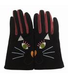 キャセリーニ casselini 美品 手袋 グローブ 猫 豚革 黒 ブラック 21cm 小物 ■FF