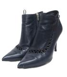 サルヴァトーレフェラガモ Salvatore Ferragamo ショートブーツ ブーティ 編み込み リボン ピンヒール ポインテッドトゥ 0561355 紺 ネイビー 6.5