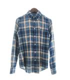 シャツ 長袖 チェック ロゴ 刺繍 コットン 青 ブルー XS