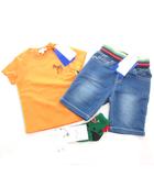 ポールスミス PAUL SMITH タグ付き 3点セット Tシャツ 半袖 デニム ショートパンツ ハーフ 靴下 80cm SS 11-13cm オレンジ インディゴブルー 緑 マルチカラー 恐竜柄 /KR