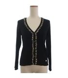 Vネック ニット カーディガン 薄手 フリル チェック 黒 ブラック 38