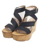 ジャンヴィトロッシ Gianvito Rossi 美品 サンダル デニム 厚底 コルク ウエッジソール 紺 ネイビー 37 23.5cm ■TC