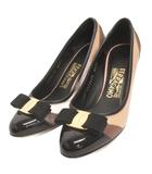 サルヴァトーレフェラガモ Salvatore Ferragamo ヴァラ パンプス ラウンドトゥ リボン ベージュ 黒 ブラック 6 23.5㎝相当 靴