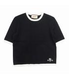 グッチ GUCCI GGロゴ 刺繍 ショートスリーブ ウールニット トップス 半袖 ハイゲージ セーター カットソー S 黒 ブラック オフホワイト 681309 XKB7S/△A69/レディース