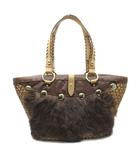 サザビー SAZABY ファー付き レザー コンビ かごバッグ トートバッグ ブラウン 茶