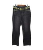 ヒロコビス HIROKO BIS デニム 転写プリント ストレッチ ブーツカット パンツ ウエストゴム ブラック 黒 15AB 大きいサイズ 美品