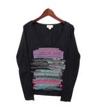 スパンコール付き プリント Uネック 長袖 Tシャツ カットソー ロンT ブラック 黒 XS