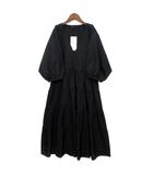 ザラ ZARA ポプリン ティアード ロング ワンピース 七分袖 Vネック ブラック 黒 M 0881/840/800