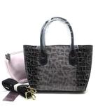 レザージュエルズ LEATHER JEWELS トスカニアレザー 2WAY トートバッグ ショルダー ポーチ付き クロコ型押し 17H88 ブラックグレー 新品同様