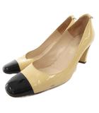 シャネル CHANEL エナメル パンプス バイカラー チャンキーヒール ココマーク 37.5 ベージュ 黒 ブラック /FF ■GY62