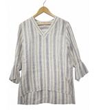 23区×LIBECO Vネック マルチストライプ リネン シャツ ブラウス 36(S) BLUE/BROWN(ブルー/ブラウン) 春夏