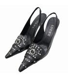 ラインストーン装飾 バックストラップ レザー パンプス 38(25cm) BLACK(ブラック)