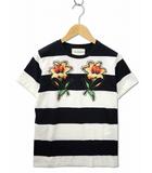 グッチ GUCCI 422730-X3D95 クルーネック フラワー刺繍 スタッズ装飾 半袖 ボーダー Tシャツ M BLACK/WHITE(ブラック/ホワイト)