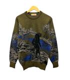 ミズノ MIZUNO GRAND MONARCH ニットセーター クルーネック ウール 総柄 長袖 L 緑 カーキ