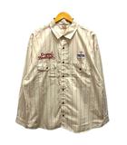 ワークシャツ コットン ストライプ ワッペン 刺繍 長袖 M 赤 レッド ベージュ