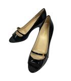 パンプス シューズ オープントゥ ベルト コーンヒール エナメル 34.5 黒 ブラック