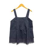 キャミソール カットソー バックボタン Aライン レース リネン混 F 紺 ネイビー