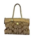 コーチ COACH MO768-11691 トートバッグ ハンドバッグ 布製 キャンバス シグネチャー柄 ロゴ チャーム ワンポイント 切替 ファスナー開閉 ゴールド 金 ブラウン 茶