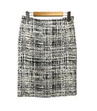 プラダ PRADA スカート タイト ツイード リネン混 シルク混 バックスリット ひざ丈 38S 紺 ネイビー 白 ホワイト