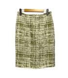 プラダ PRADA スカート タイト ツイード リネン混 シルク混 バックスリット ひざ丈 38S 緑 グリーン 白 ホワイト