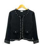 オットー OTTO ニットジャケット ノーカラー ウール混 パール装飾 長袖 M 黒 ブラック