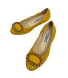 プラダ PRADA フラットシューズ バレエシューズ ラウンドトゥ エナメル バックル ギャザー 35.5 黄 イエロー