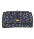 セリーヌ CELINE ヴィンテージ 長財布 ロングウォレット 二つ折り 馬車金具 総柄 ロゴ ジャカード 切替 レザー がま口 紺 ネイビー 系 STK 1225