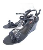 プラダスポーツ PRADA SPORT リボン レザー サンダル ミュール ウェッジソール アンクルストラップ 黒 ブラック 36.5 約23.5cm 3X5204 STK 1222