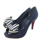 ダイアナ DIANA リボン オープントゥ パンプス シューズ ハイヒール デニム調 インディゴブルー 23.5cm 0204