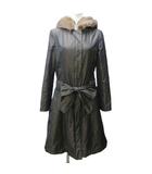 フォクシー ブティック FOXEY BOUTIQUE 中綿コート サテン地 切替 フィッシャーファー 毛皮 フード ロング 40 約M 茶 ブラウン 系 18512 IBO89 0302