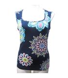 エミリオプッチ EMILIO PUCCI カットソー 花柄 総柄 ストレッチ レーヨン ノースリーブ M 紺 ネイビー 系 マルチカラー IBO89 0213