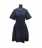 ジルサンダー JIL SANDER ストレッチ レーヨン 半袖 ダーツ プリーツ ワンピース ドレス ひざ丈 34 紺 ネイビー レディース