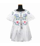 花柄 刺繡 プルオーバー ノーカラー シャツ ブラウス カットソー 半袖 511106016 サイズ40 白 ホワイト レディース