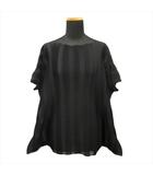 ミーイッセイミヤケ me ISSEY MIYAKE プリーツ加工 スクエア シアー カットソー Tシャツ ボーダー シースルー 黒 ブラック レディース◆8