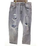 アベイシングエイプ A BATHING APE AAPE × 9090 PATCH DISTRESSED JEANS L デニムパンツ ジーンズ ダメージ加工 ライトブルー 【ブランド古着ベクトル】【中古】260506