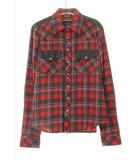 クロムハーツ CHROME HEARTS フレアニー レザー切り替え クロスボタン チェック ネルシャツ Mサイズ レッド ブラック 【ブランド古着ベクトル】【中古】☆AA★ ■ 260628