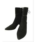 ポインテッドトゥショートブーツ リボン レースアップ スエード ブラック 黒 24.5cm シューズ 靴