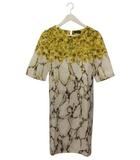 ひざ丈ワンピース 白系 黄色 イエロー プリント 花柄 半袖 40