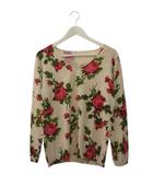 ニット セーター Vネック 長袖 花柄 プリント ベージュ ホワイト 白 ピンク 緑 トップス 40