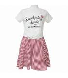 メゾピアノ mezzo piano For Candy Girls ドッキング ワンピース ひざ丈 キッズ 女の子 150cm 半袖 チェック フロッキープリント ラインストーン アイボリー 赤 白 ■GY14 X