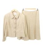 美品 スカート スーツ ツイード シングル シルク混 カシミヤ混 肩パッド 無地 厚手 44 約Lサイズ ベージュ