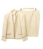 美品 スカート スーツ ツイード ビジュー ウール混 ハイネック 厚手 44 約Lサイズ ベージュ
