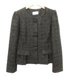 エムプルミエ ブラック M-Premier BLACK ラメ ツイード ジャケット シルク混 ビジューボタン ノーカラー 38 黒 ブラック ■YHS7