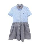 トミーヒルフィガー TOMMY HILFIGER ワンピース 半袖 ひざ丈 切替 ストライプ チェック 星柄 女の子 128 水色 黒 ■GY54 ☆AA★ A0124