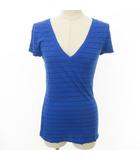 スリードッツ three dots 半袖 Tシャツ ボーダー Vネック 薄手 Sサイズ 青 ブルー ■TC