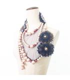 箱付き ビジューリボンネックレス フェイクパール C2X48R ブルー ☆AA★