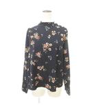 美品 花柄 長袖 シャツ ブラウス フェイクパールボタン Lサイズ 紺 ネイビー  ■TC
